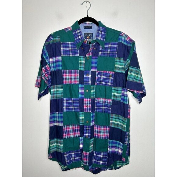 Chaps Ralph Lauren Plaid Blue Vintage Button Down Short Sleeve Shirt Size Medium - Picture 1 of 10